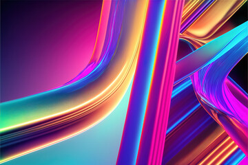 Background of iridescent cyber neon lights and colors, pink, blue and purple. Minimal background illumination geometry with copy space. Generative AI.