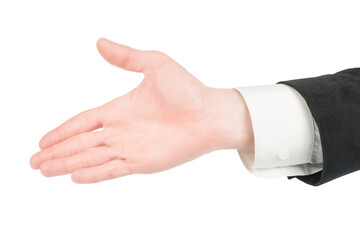 Man in suit hand offering for handshake gesture. Isolated png with transparency