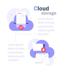 Poster - cloud storage icon. digital file organization service or app with data transfering