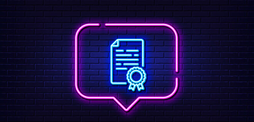 Poster - Neon light speech bubble. Certificate diploma line icon. Document file page sign. Office note symbol. Neon light background. Certificate diploma glow line. Brick wall banner. Vector