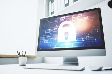 Poster - Modern computer monitor with creative lock hologram and email symbols. Information security concept. 3D Rendering