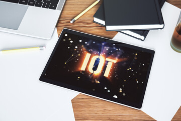 Poster - Creative IOT hologram on modern digital tablet screen, internet of things concept. Top view. 3D Rendering