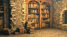 Antique Books In An Old House, 3D Illustration. Antique Library. Medieval School. Workplace Of A Medieval Scientist And Philosopher