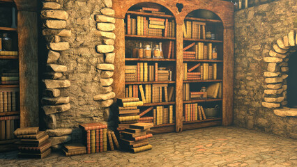 antique books in an old house, 3d illustration. antique library. medieval school. workplace of a med