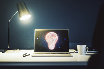 Poster - Creative idea concept with light bulb illustration on modern laptop screen. 3D Rendering