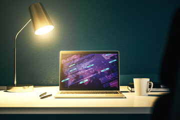 Aufkleber - Computer monitor with abstract creative programming illustration and world map, big data and blockchain concept. 3D Rendering