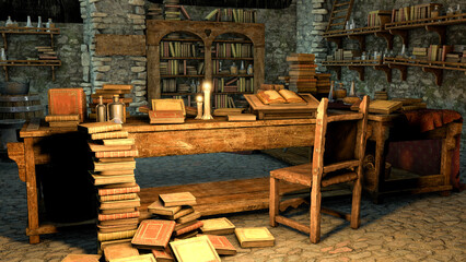 Wall Mural - Antique books in an old house, 3D illustration. Antique library. Medieval school. Workplace of a medieval scientist and philosopher