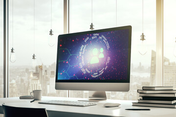Poster - Creative abstract people icons sketch on modern laptop monitor, life and real estate insurance online concept. 3D Rendering
