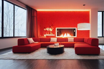 Poster - interior of bright modern living room with fireplace, chandelier and comfortable sofa decorated with