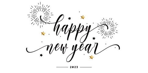 HAPPY NEW YEAR black and gold vector brush calligraphy banner with swashes and stars
