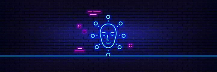 Poster - Neon light glow effect. Face biometrics line icon. Facial recognition sign. Head scanning symbol. 3d line neon glow icon. Brick wall banner. Face biometrics outline. Vector