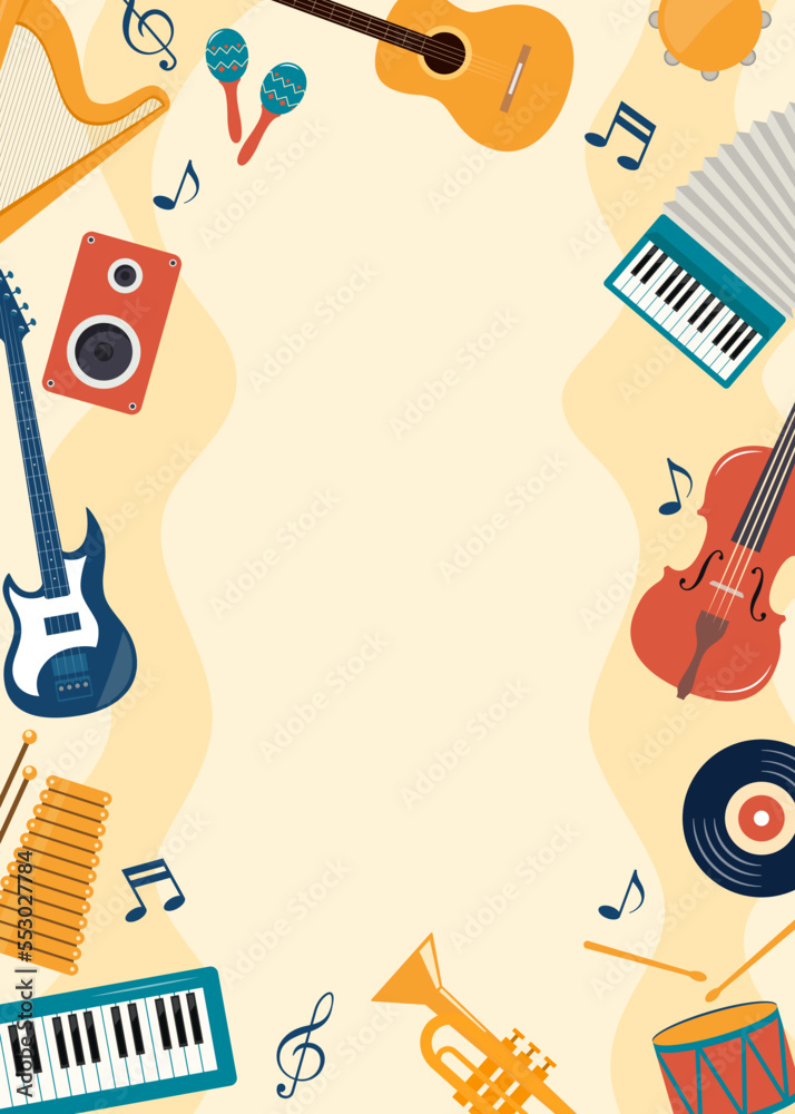 Musical flyer, poster, invitation template. Musical instruments and ...