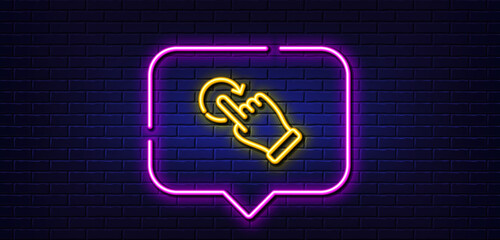 Wall Mural - Neon light speech bubble. Rotation gesture line icon. Slide arrow sign. Swipe action symbol. Neon light background. Rotation gesture glow line. Brick wall banner. Vector