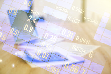 Aufkleber - Multi exposure of abstract statistics data hologram interface on calculator and pc background, computing and analytics concept