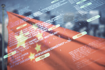 Poster - Double exposure of abstract creative programming illustration on Chinese flag and city background, big data and blockchain concept