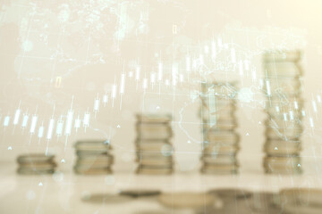 Poster - Double exposure of abstract creative financial diagram and world map on growing coins stacks background, banking and accounting concept