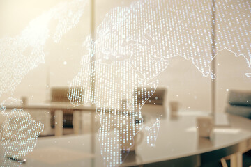 Poster - Double exposure of abstract digital world map hologram on a modern boardroom background, big data and blockchain concept