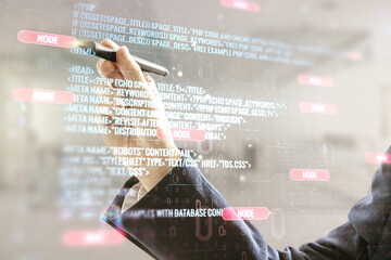 Poster - Double exposure of programmer's hand with pen working with abstract creative programming illustration on blurred office background, big data and blockchain concept
