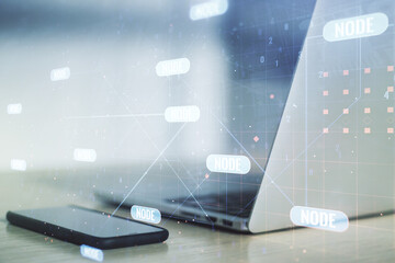 Fototapete - Double exposure of abstract programming language on laptop background, research and development concept