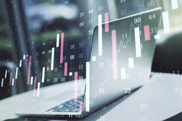 Aufkleber - Multi exposure of abstract financial graph on laptop background, financial and trading concept