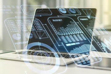 Aufkleber - Abstract creative stats data concept on modern laptop background. Multiexposure