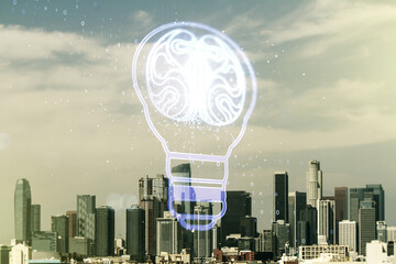 Aufkleber - Double exposure of abstract virtual creative light bulb hologram with human brain on Los Angeles city skyscrapers background, idea and brainstorming concept