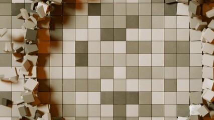 Poster - 3D background with squares and wave rings. Design. Squares move in space with 3D distortion. Ring 3d waves of destroyed squares with background