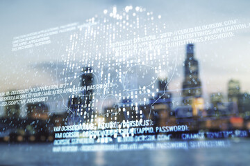 Poster - Abstract virtual creative code skull hologram on blurry office buildings background, theft of personal data and malware concept. Multiexposure
