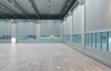 Poster - Industrial architecture. Empty factory building. Factory interior without equipment. Industrial hangar concrete floor. Electrical cabinet near wall hangar. Industrial background. 3d image
