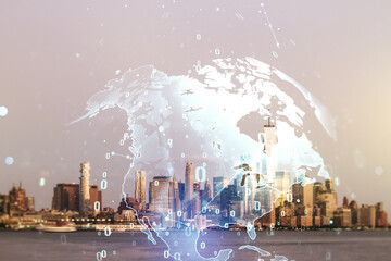 Poster - Multi exposure of abstract creative coding sketch and world map on New York city skyline background, artificial intelligence and neural networks concept