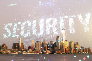 Fototapete - Virtual cyber security creative concept on New York city office buildings background. Double exposure