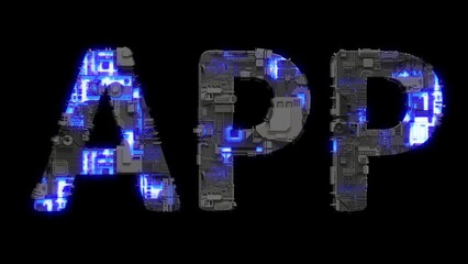 Poster - metal scrap cyberpunk text APP with electrical light and animated surface, isolated - loop video