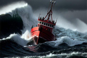 Wall Mural - Fishing boat at stormy sea