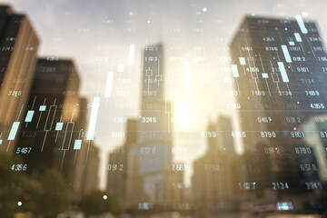 Poster - Multi exposure of stats data illustration on office buildings background, computing and analytics concept