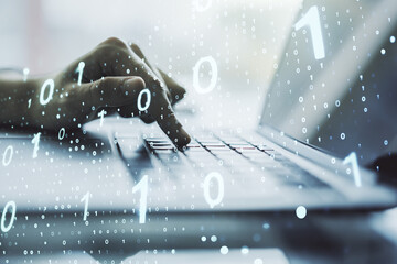 Aufkleber - Double exposure of creative abstract binary code hologram and hands typing on laptop on background. Database and programming concept