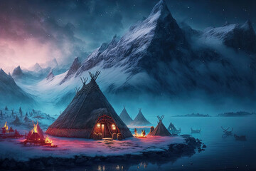 Fototapete - ai generative midjourney illustration of viking tents in a viking landscape by a lake with northern lights in the dark