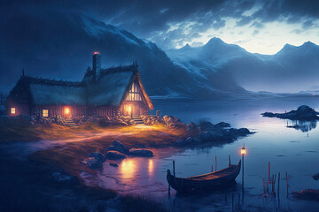 Fototapete - ai generative midjourney illustration of viking houses in a viking landscape by water with northern lights in the dark