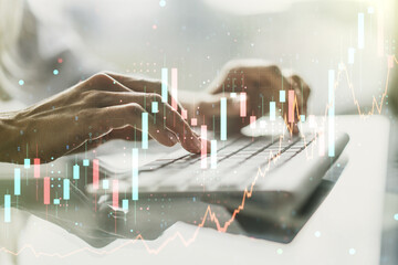 Poster - Double exposure of abstract creative financial diagram with hand typing on computer keyboard on background, banking and accounting concept