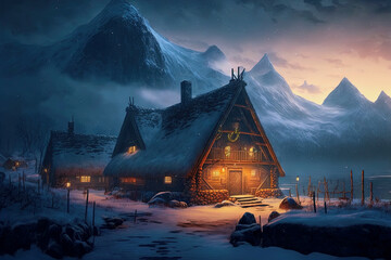 Fototapete - ai generative midjourney illustration of viking houses in a viking landscape with northern lights in the dark