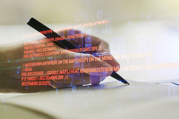 Aufkleber - Multi exposure of abstract graphic coding sketch with man hand writing in diary on background, big data and networking concept