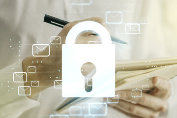 Poster - Creative light lock illustration with postal envelopes and man hand writing in diary on background, cyber security and email protection concept. Multiexposure