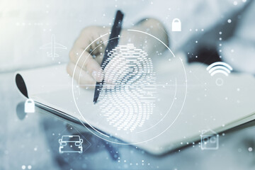 Aufkleber - Multi exposure of creative fingerprint hologram with man hand writing in notebook on background, personal biometric data concept