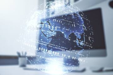 Poster - Multi exposure of abstract creative coding sketch with world map and modern desktop with computer on background, artificial intelligence and neural networks concept