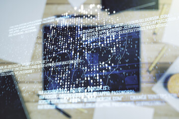 Poster - Double exposure of creative code skull hologram and digital tablet on background, top view. Malware and cyber crime concept