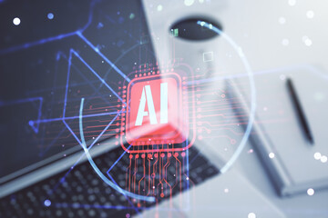 Aufkleber - Double exposure of creative artificial Intelligence abbreviation with computer on background. Future technology and AI concept