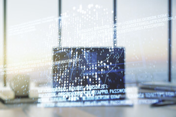 Poster - Creative concept of code skull illustration on modern laptop background. Hacking and phishing concept. Multiexposure