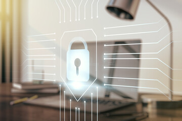 Poster - Creative idea concept with lock symbol and microcircuit illustration on modern laptop background. Protection and firewall concept. Multiexposure