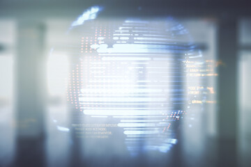 Poster - Multi exposure of abstract programming language hologram and world map on abstract empty interior background, artificial intelligence and neural networks concept