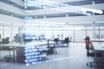 Poster - Double exposure of abstract programming language interface on modern corporate office background, research and development concept
