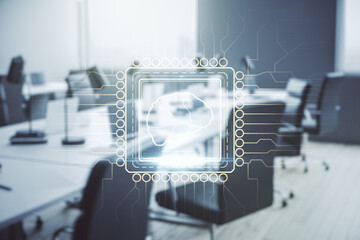 Poster - Double exposure of creative artificial Intelligence interface on modern corporate office background. Neural networks and machine learning concept